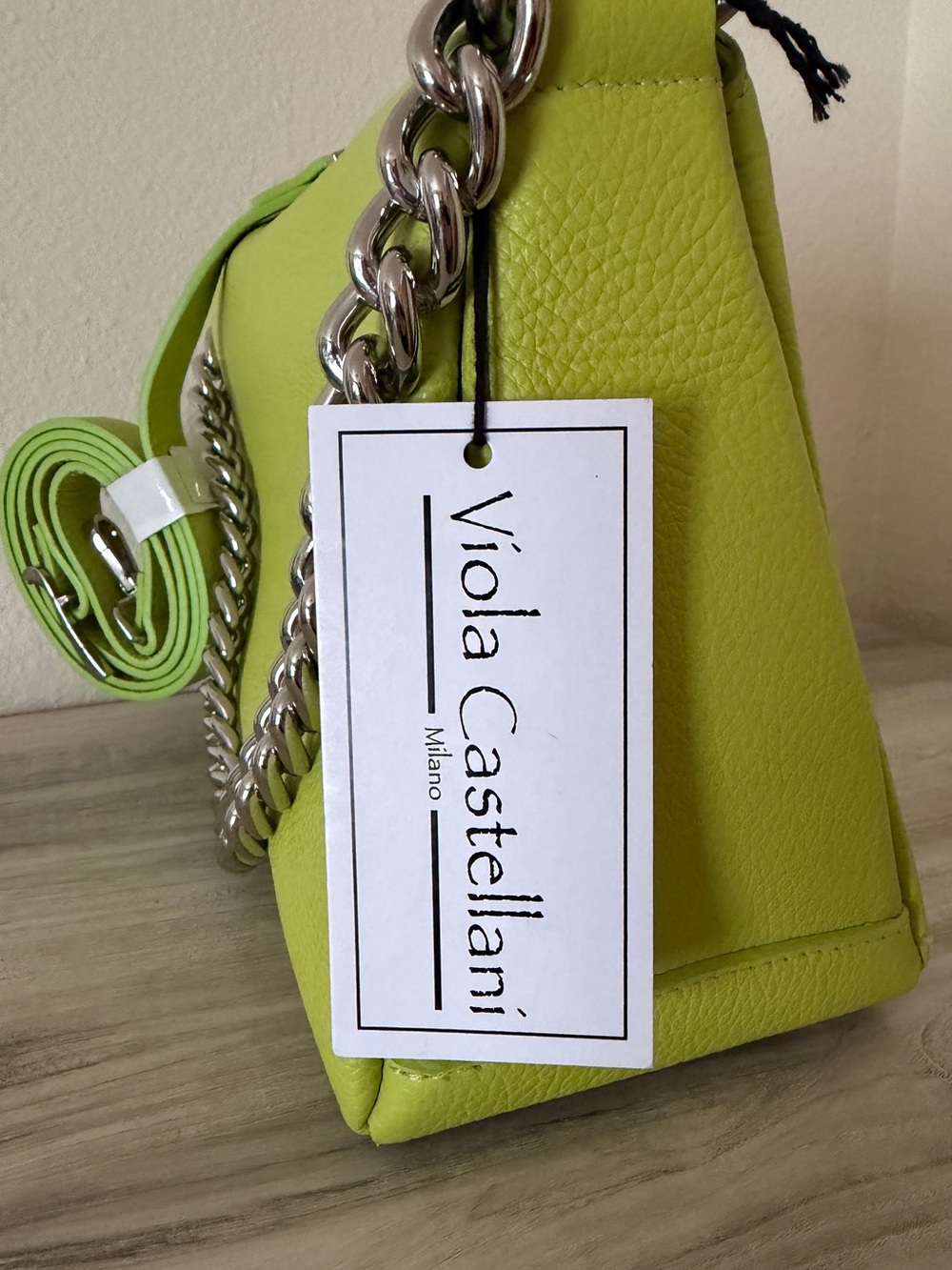 Viola Castellani Chartreuse Leather Bag with Silver Chain - Picture 5 of 15